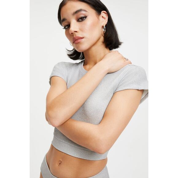 Good American Sparkle Crop Cover-Up Tee in Silver XL NWT - Picture 5 of 10